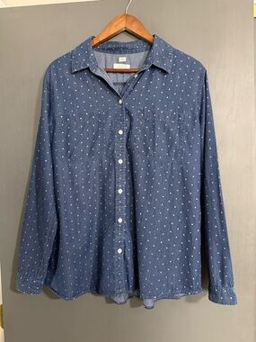 LOFT Heart Print Chambray Shirt XL | Button-Up Denim Look Women’s Top